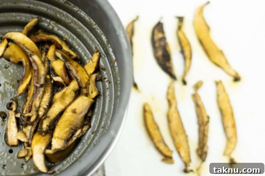 Tangy Umami Mushroom Bites 8 mushrooms slices in colander and paper towel
