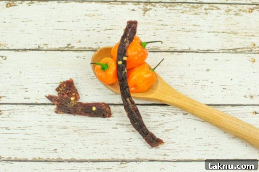 Blaze Beef Jerky 16 Close-up of Fireman's beef jerky, showcasing its rich color and texture, with a spoon of habaneros