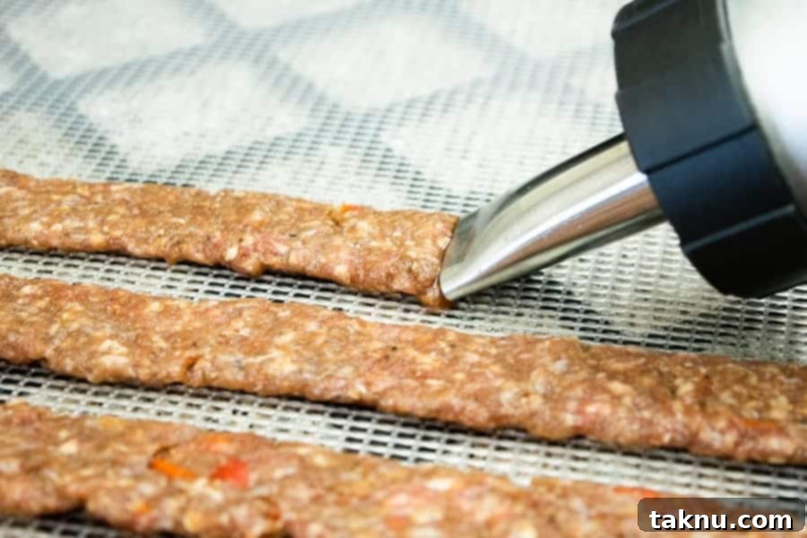 ground jerky strips on dehydrator trays