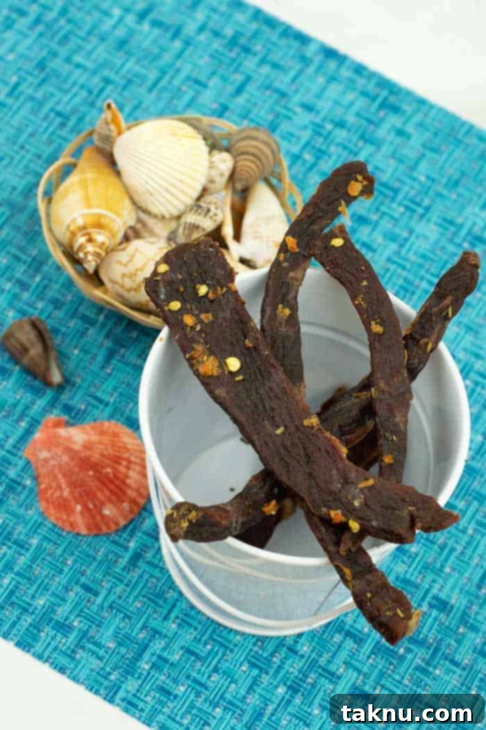 Beef jerky in bucket with sea shells