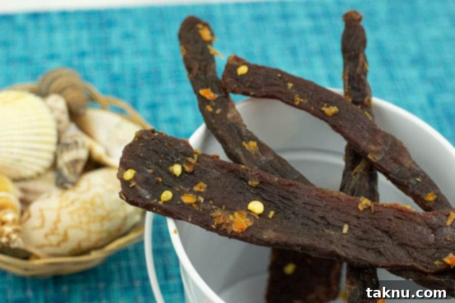 Beef jerky in bucket with sea shells