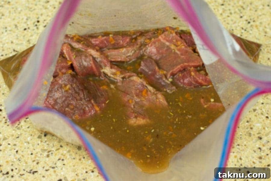 jerky strips marinating in ziplock bag
