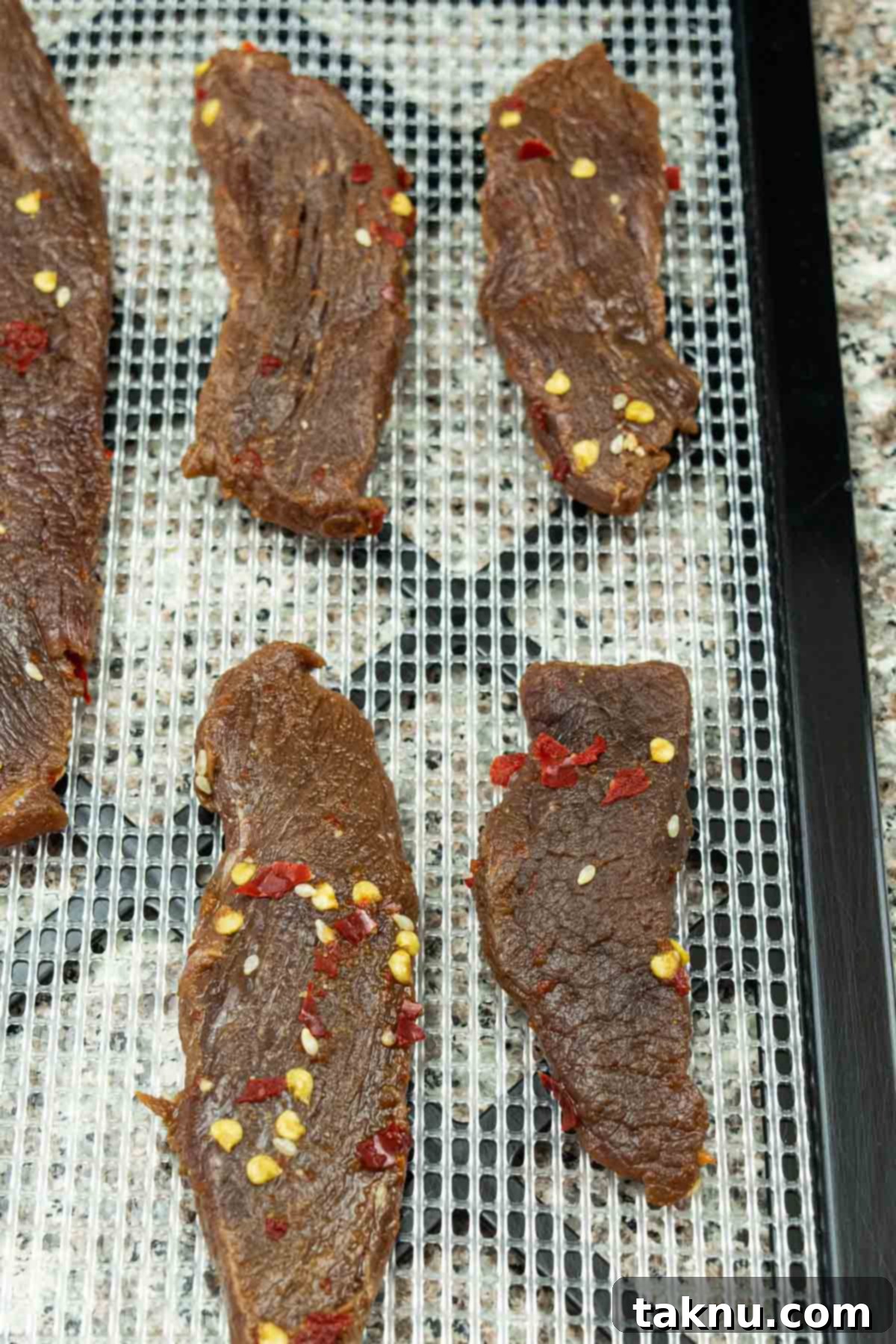 Sesame Glazed Venison Strips 7 venison jerky on dehydrator tray ready to be dehydrated into jerky