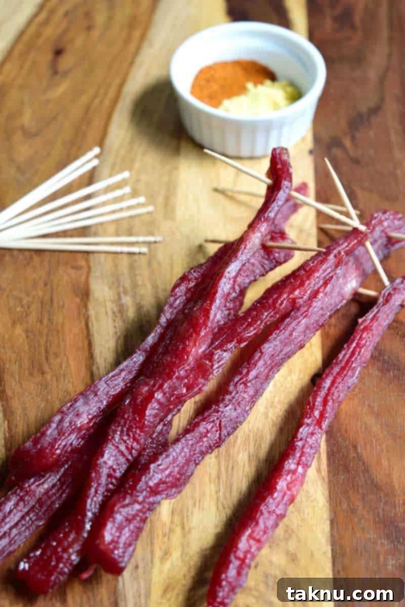 Finished Brown Sugar Beef Jerky, perfectly dried and ready to eat.