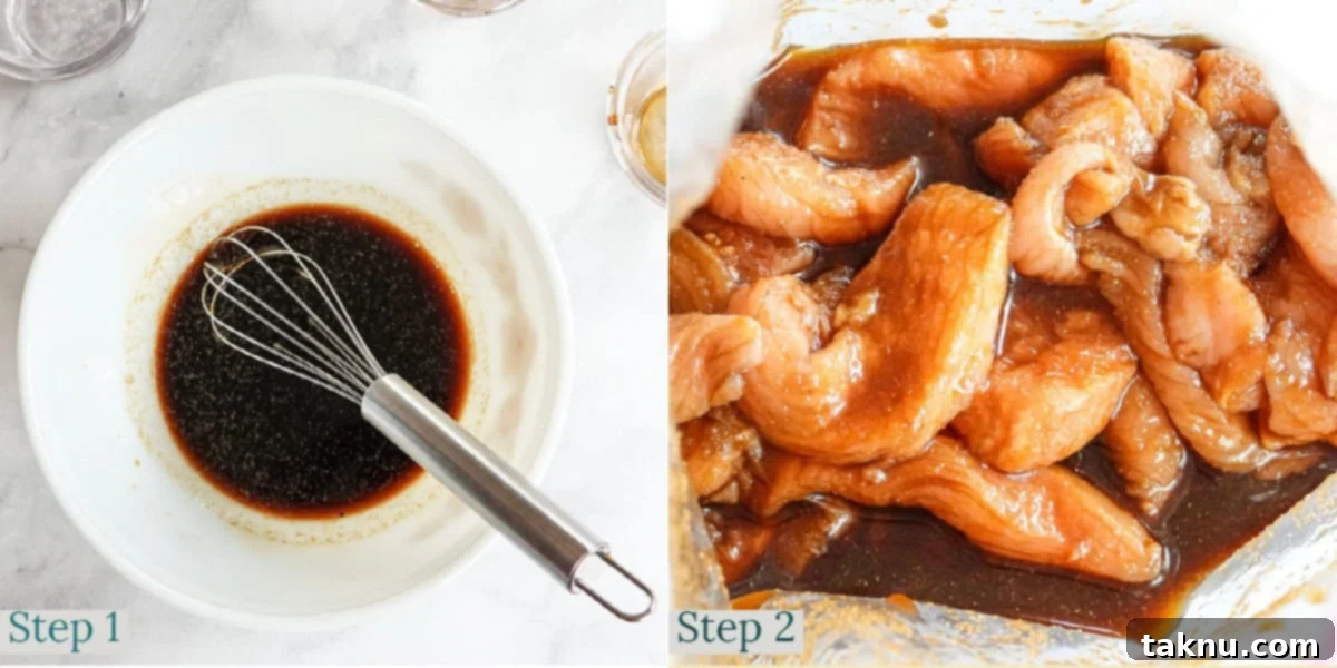 Ultimate Turkey Jerky 5 jerky marinade in bowl in first photo and marinating turkey jerky in bag in second photo