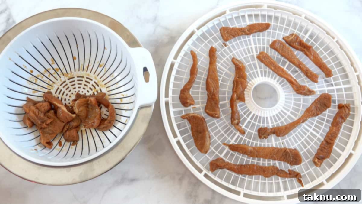 Ultimate Turkey Jerky 6 turkey jerky in colander and on dehydrator tray