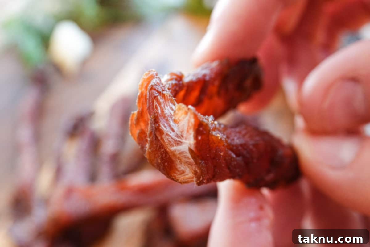 Ultimate Turkey Jerky 7 turkey jerky being bent showing it is finished drying