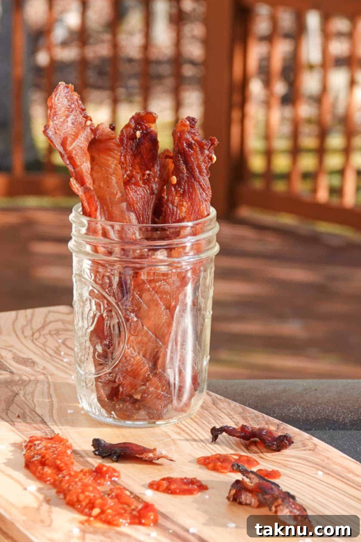 Chicken Jerky 2 chicken jerky in a jar on cutting board with sauce on cutting board