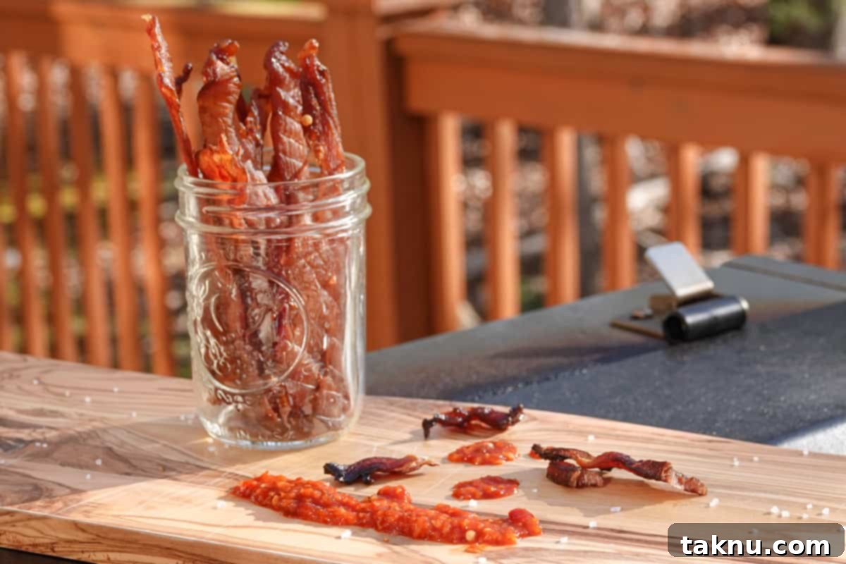 Chicken Jerky 10 Chicken Jerky in glass on cutting board with spices