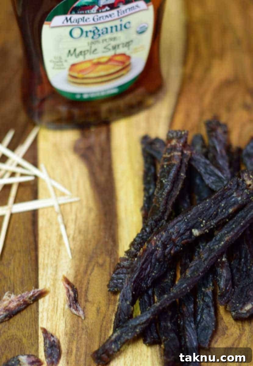 Pure Maple Syrup Jerky finished, showcasing its glossy, sweet appeal. | Jerkyholic.com