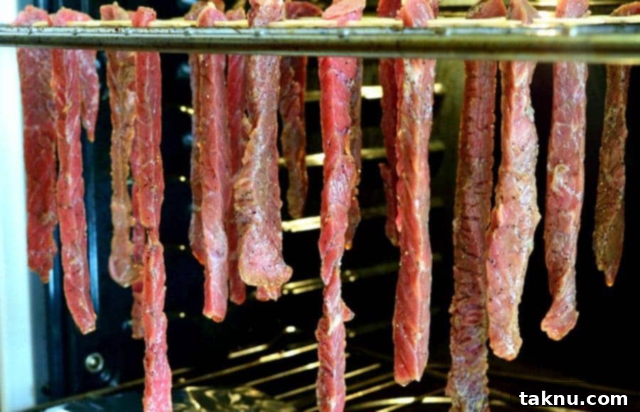 Pure Maple Syrup Jerky in Oven, showing the toothpick hanging method.