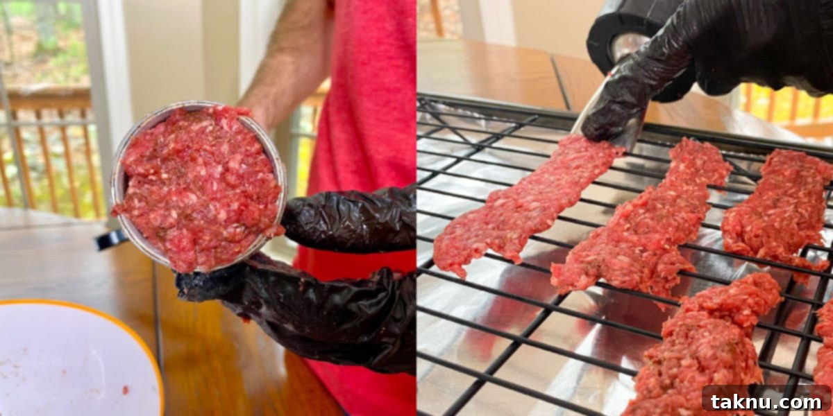 Ground meat in jerky gun and extruded on cooling rack