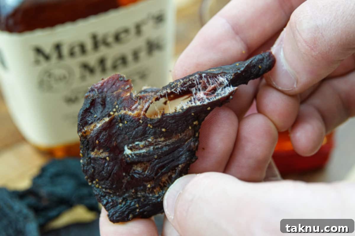 Bending a piece of beef jerky in half to see if it's finished drying