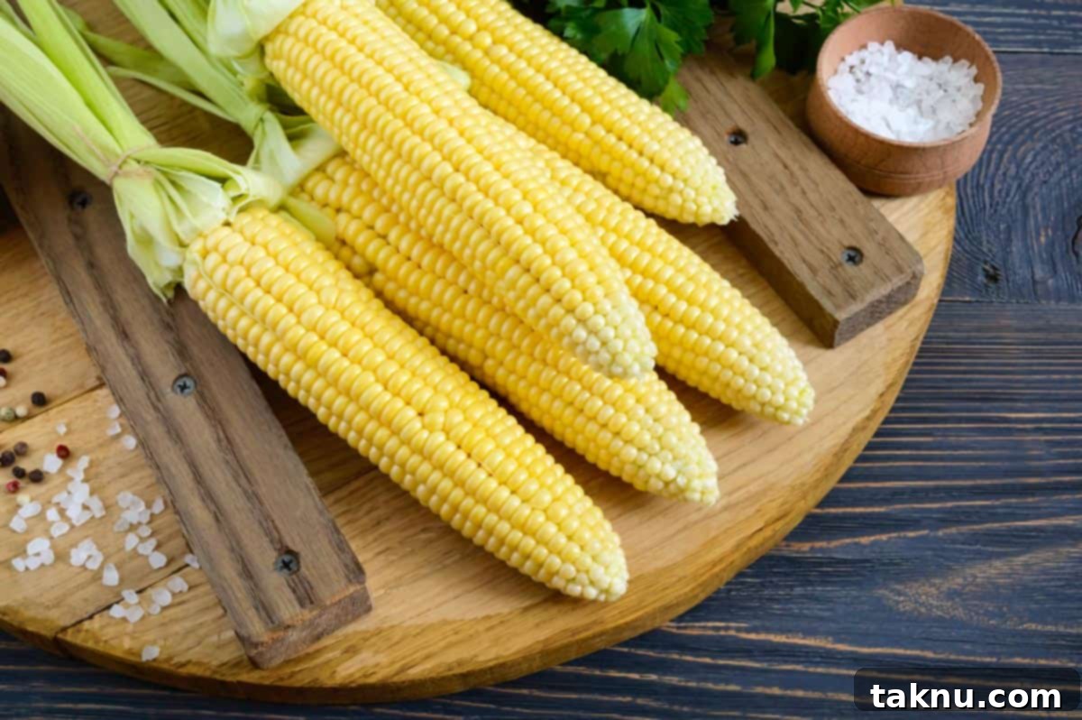 Corn on wood board with husks tied back