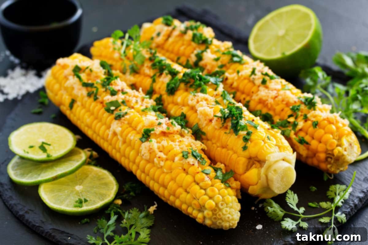 corn with cheese, cilantro and limes on black board, showcasing various toppings