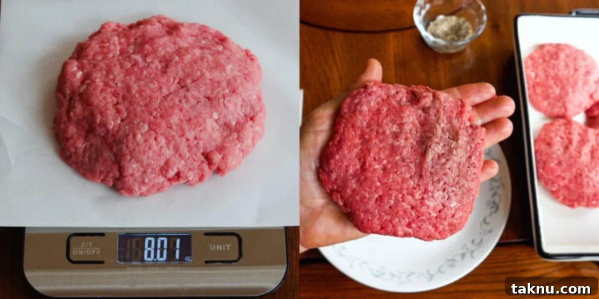 Ground beef patty being weighed on a kitchen scale before cooking.
