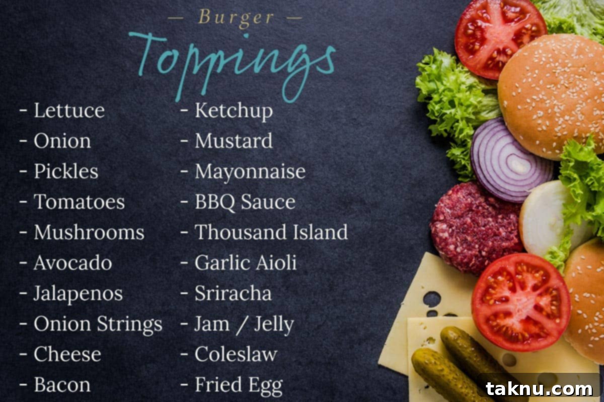 A delicious smoked burger on a bun with various toppings like lettuce, tomato, onion, and cheese arranged around it.