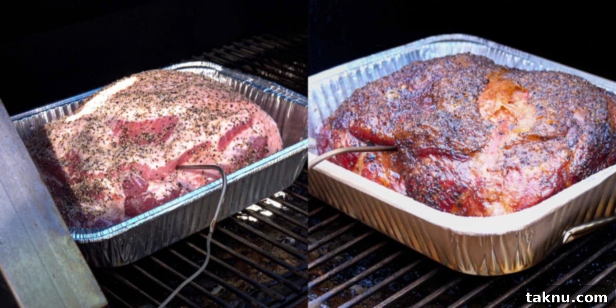 Fall-Apart Smoked Pork Butt 4 Pork shoulder on smoker at start and finish of smoking process, showcasing the transformation from raw to beautifully smoked.