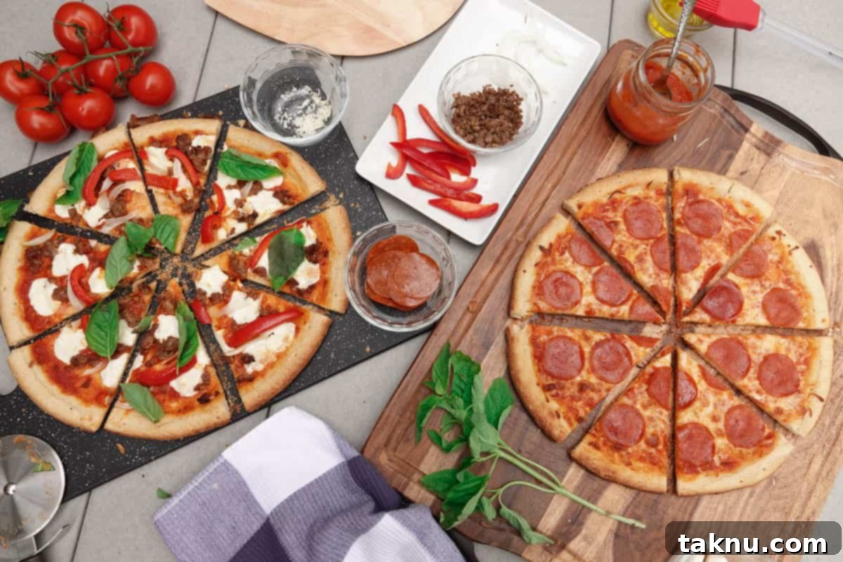 Smoky Cheesy Pizza Thirty Topping Inspirations 2 Two freshly smoked pizzas on a table, surrounded by fresh tomatoes, basil, and other ingredients, highlighting the homemade and fresh aspect.