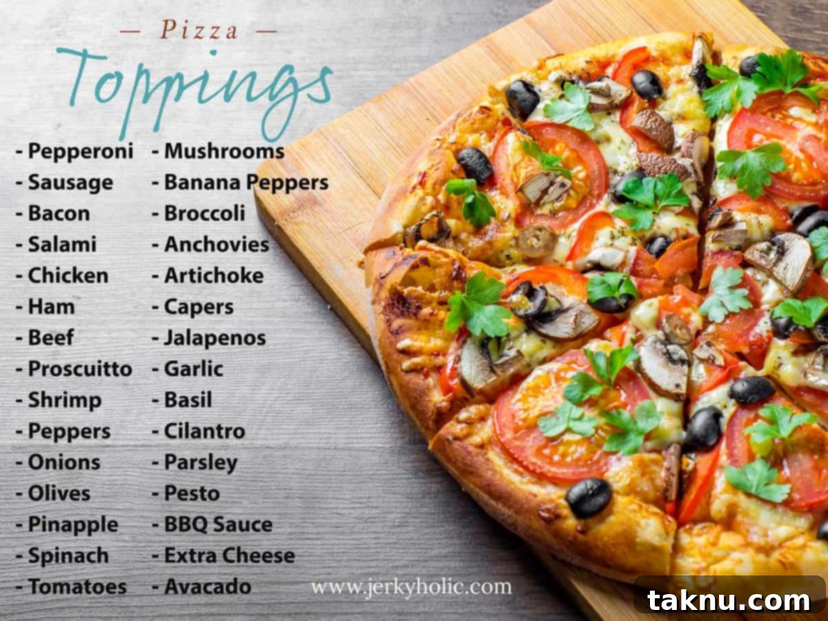 Smoky Cheesy Pizza Thirty Topping Inspirations 4 A visual guide depicting a delicious pizza alongside a comprehensive list of various toppings suitable for homemade pizzas.