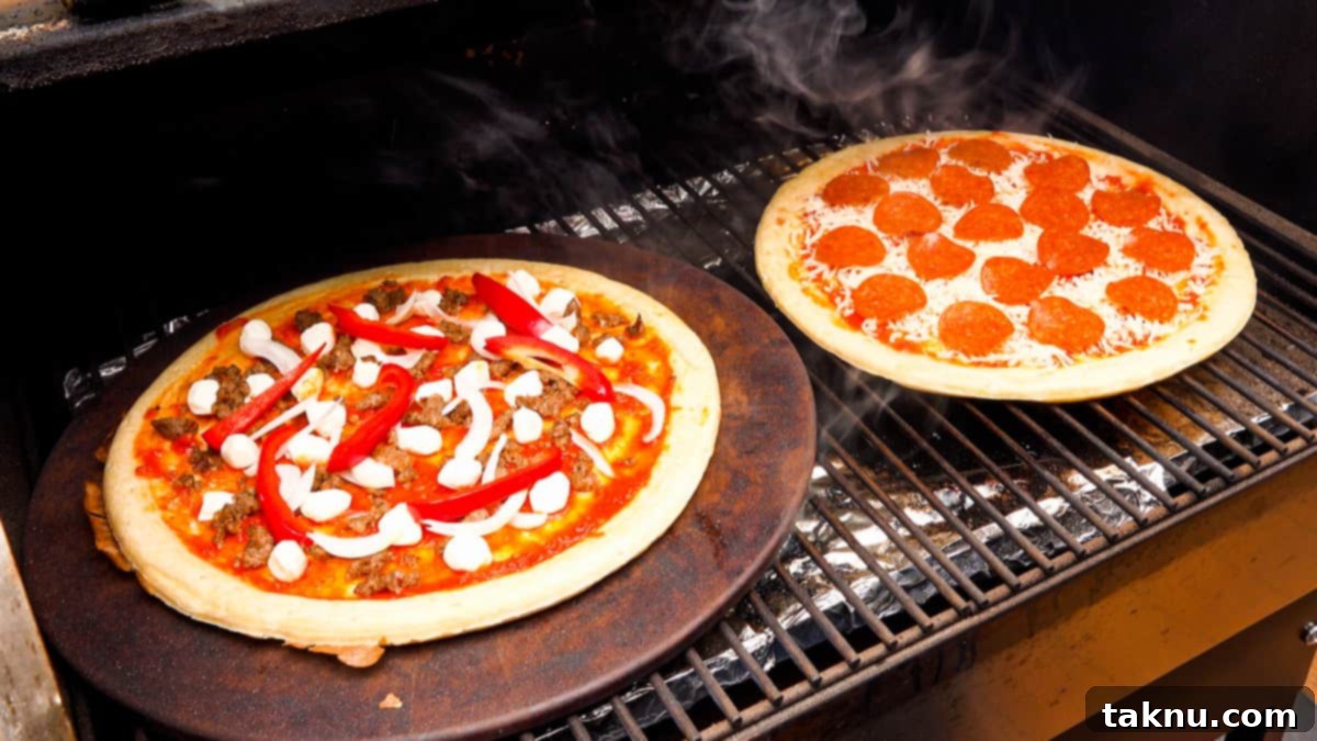 Smoky Cheesy Pizza Thirty Topping Inspirations 8 Two vibrant pizzas cooking simultaneously on the rack of a smoker, showcasing the process of smoked pizza preparation.