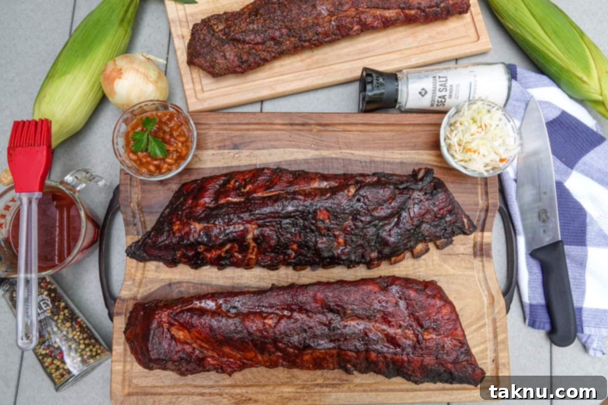 Smoked ribs on cutting boards with corn, bbq sauce, and coleslaw