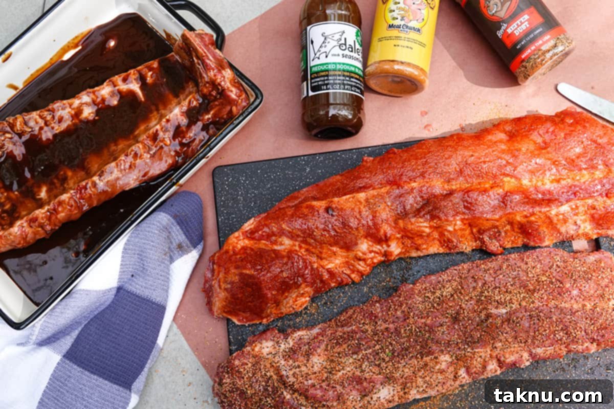 3 racks of ribs seasoned with spices, ready for the smoker