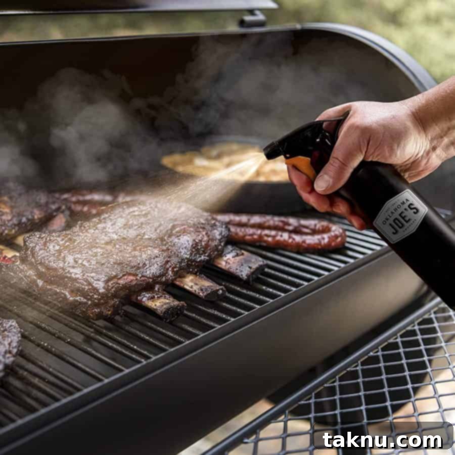 Spraying apple cider vinegar on ribs cooking on a grill