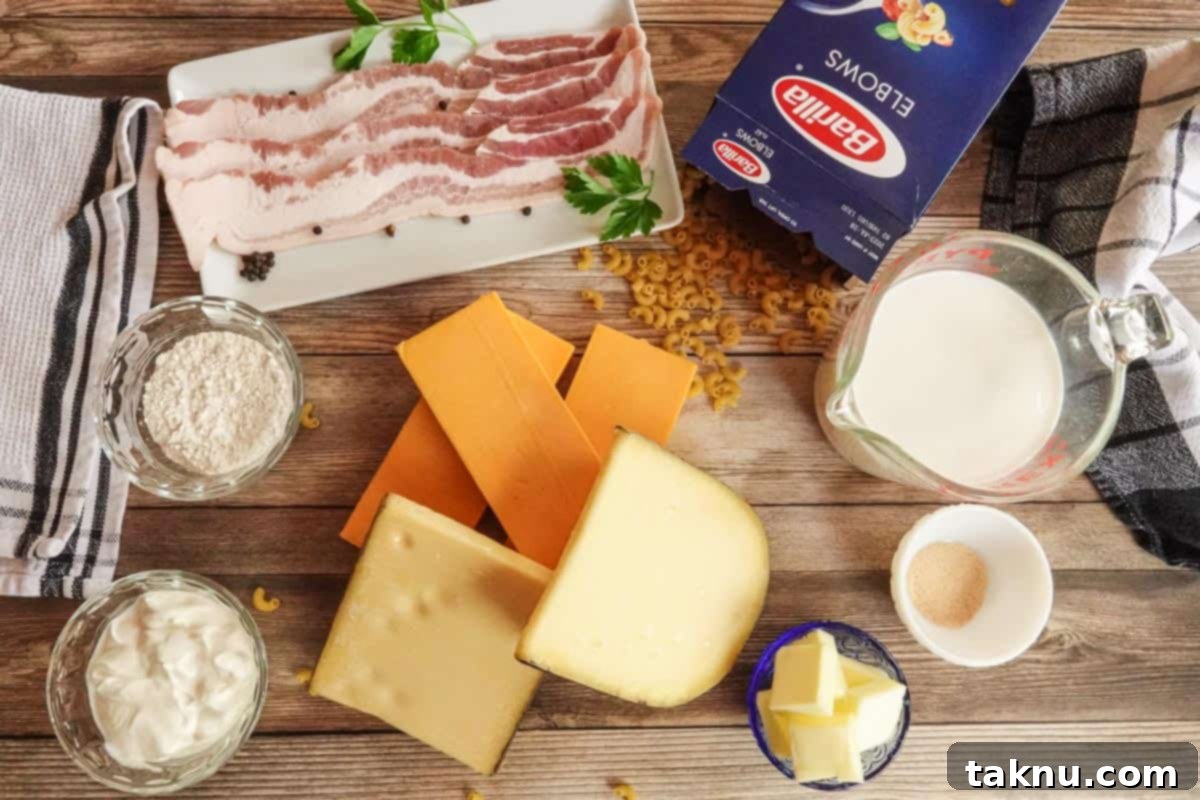 Ultimate Smoked Mac and Cheese 3 cheese, bacon, milk, butter, and flour on wood background