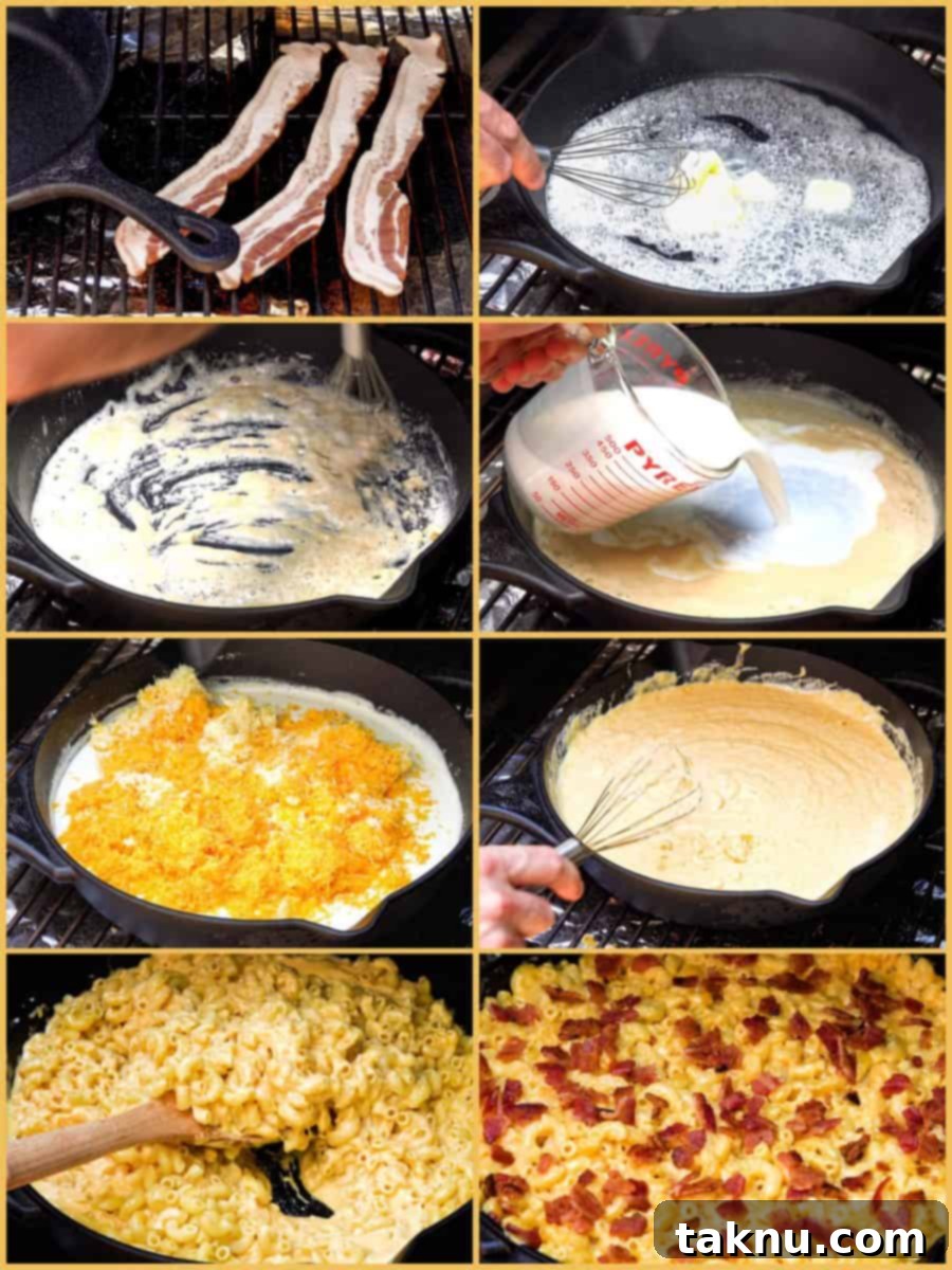 Ultimate Smoked Mac and Cheese 5 process shots of making mac and cheese on smoker