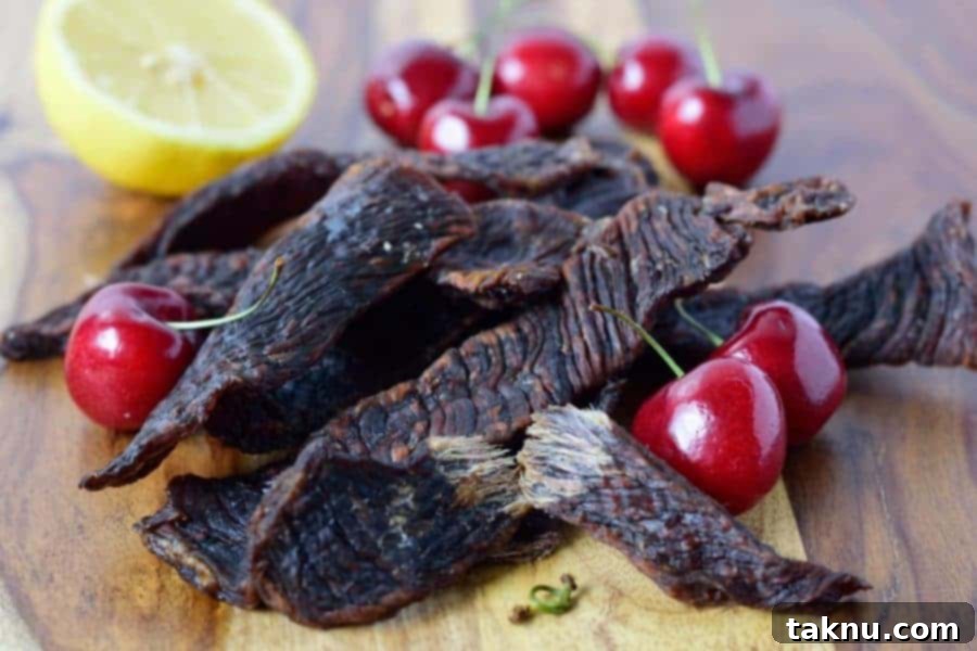 Close-up of finished Sweet Cherry Beef Jerky strips