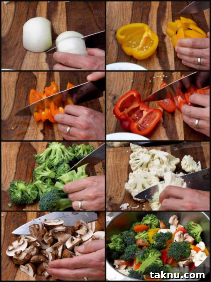 A visual step-by-step guide showing vegetables like broccoli, onions, and bell peppers being expertly sliced into uniform 1-inch pieces, ready for smoking.