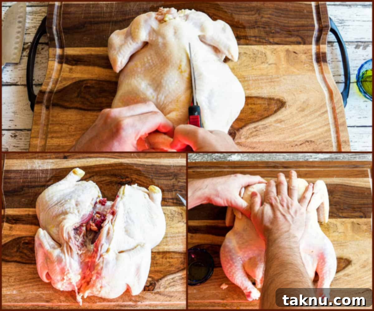 Removing the backbone of roaster chicken with poultry shears on wood cutting board