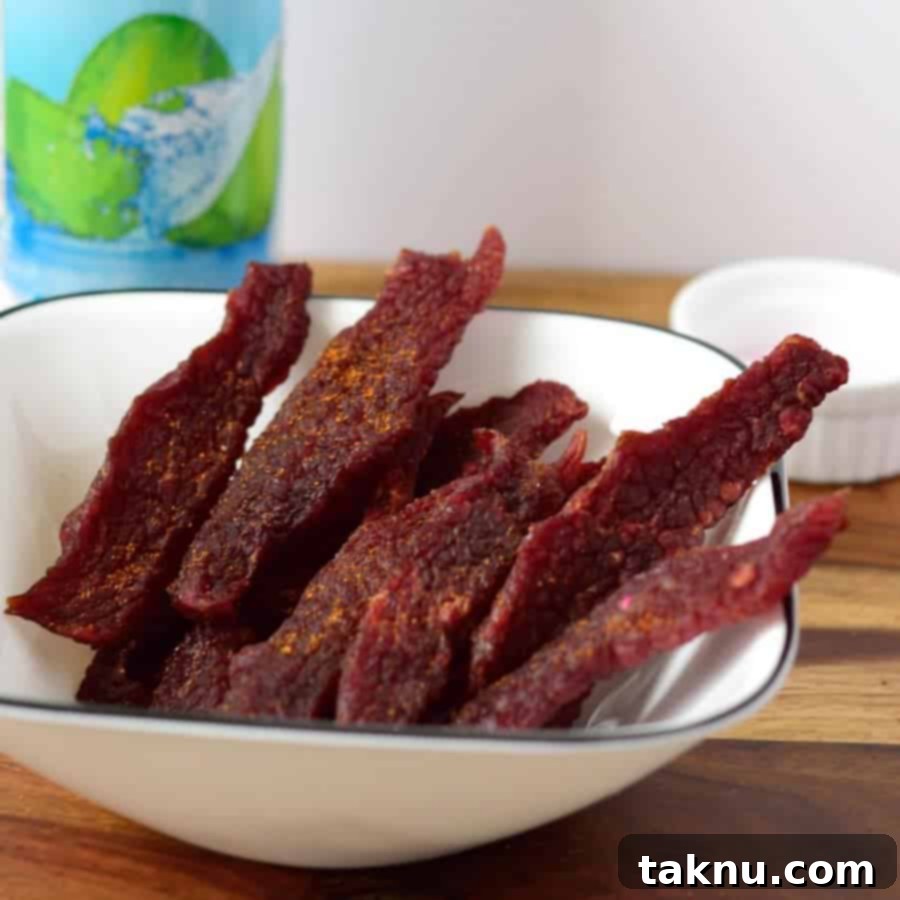 Platter of finished Tropical Island Beef Jerky, perfectly squared and ready to eat