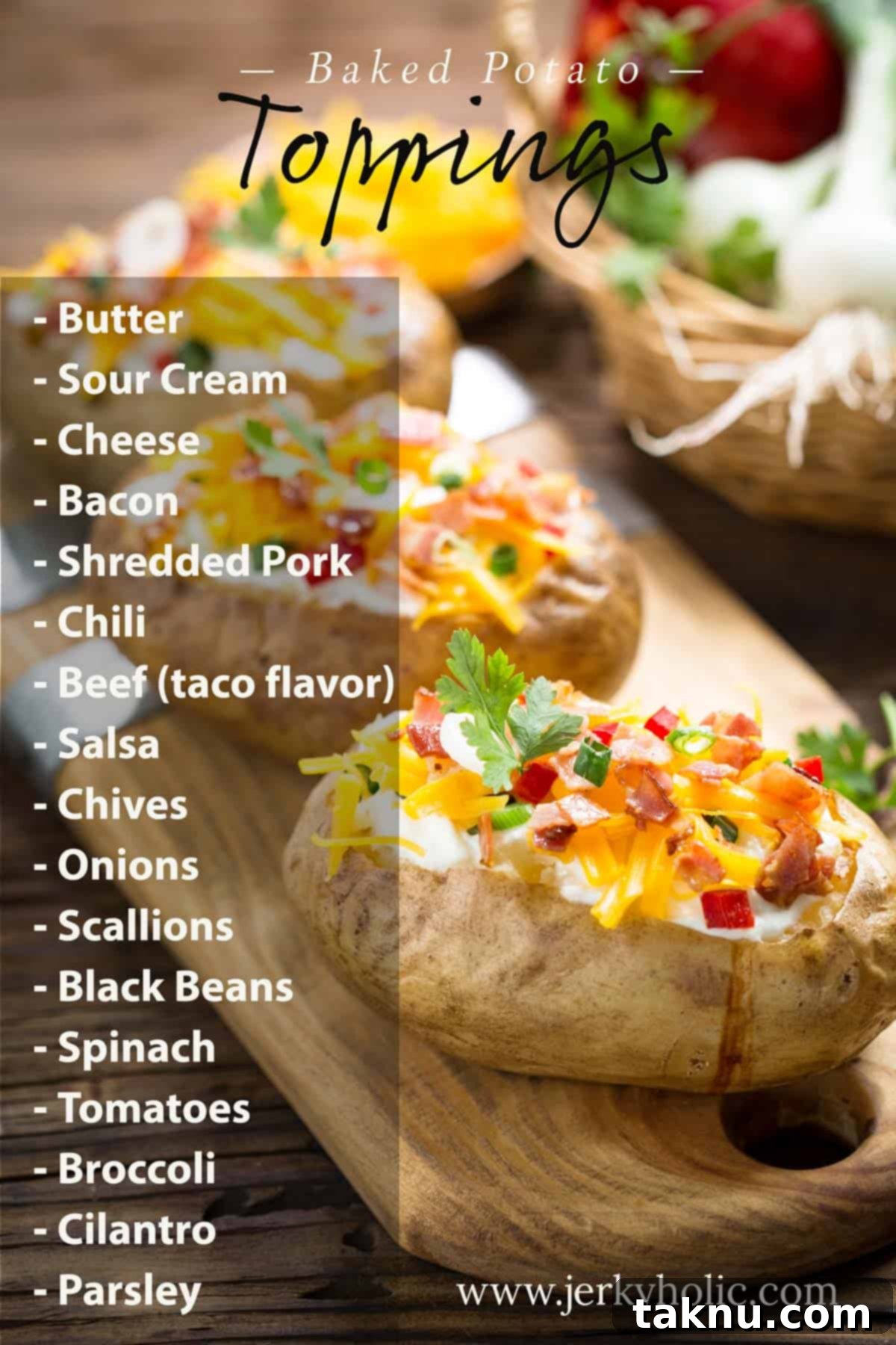 List of baked potato toppings with picture of potatoes in background
