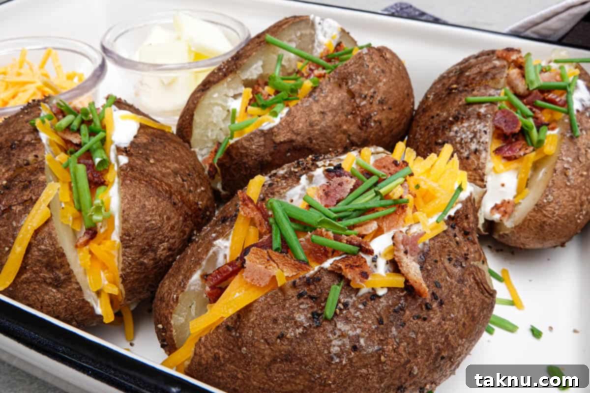 loaded baked potatoes in dish