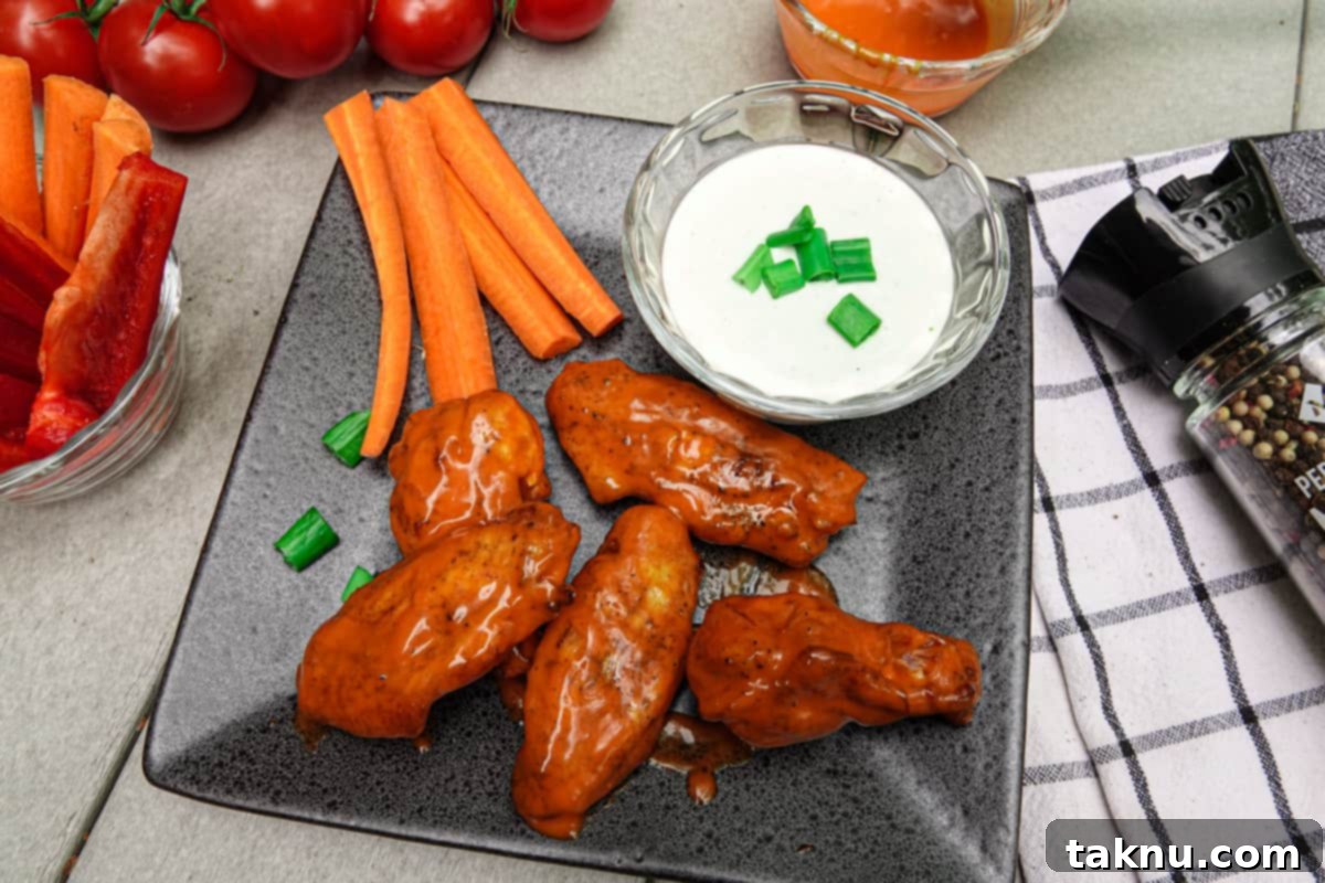 Irresistibly Crispy Smoked Chicken Wings 10 Crispy smoked chicken wings served with carrots and ranch dressing on a plate.
