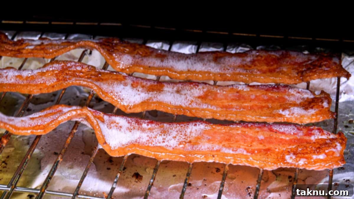 Golden-brown, crispy smoked bacon resting on a metal smoker rack after being perfectly cooked.