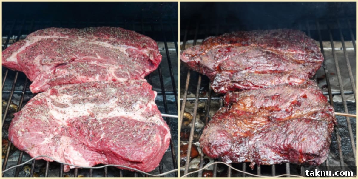 Two chuck roasts on a smoker, one freshly placed and another with a dark, developed bark.
