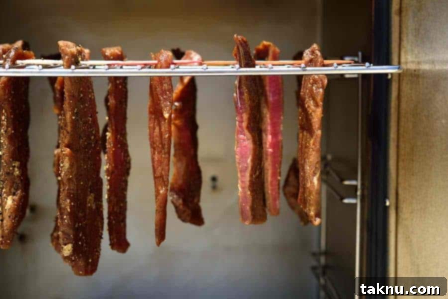 Crafting Smoked Beef Jerky 11 Beef jerky strips neatly hanging inside an electric smoker, ready for the drying process.