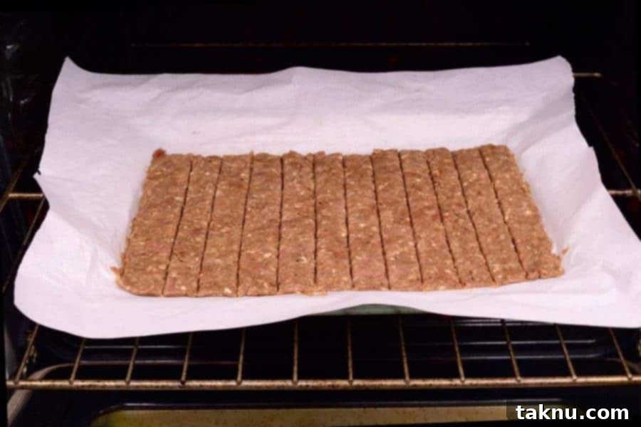 Preparing homemade ground beef jerky: rolling the seasoned meat flat on a cookie sheet for even drying in the oven.