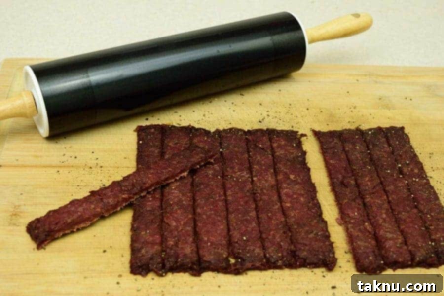 Freshly baked Midwest ground beef jerky, perfectly dried and ready to enjoy as a savory snack.